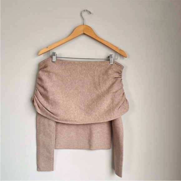 Beige Evefine Rib Ruched Off Shoulder Sweater - Picture 2 of 3